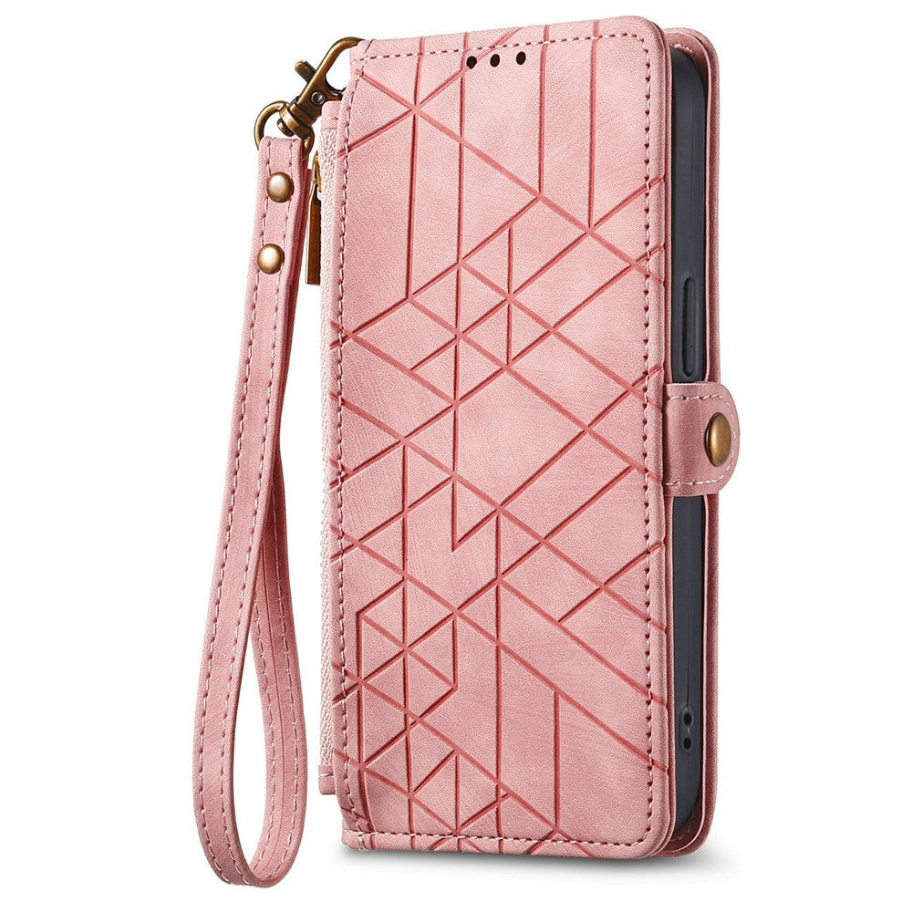 For Xiaomi Redmi 15C 4G (Global) (171mm) /  Poco C85 4G (171mm) Case Zipper Wallet Geometry Lines Leather Phone Cover with Strap