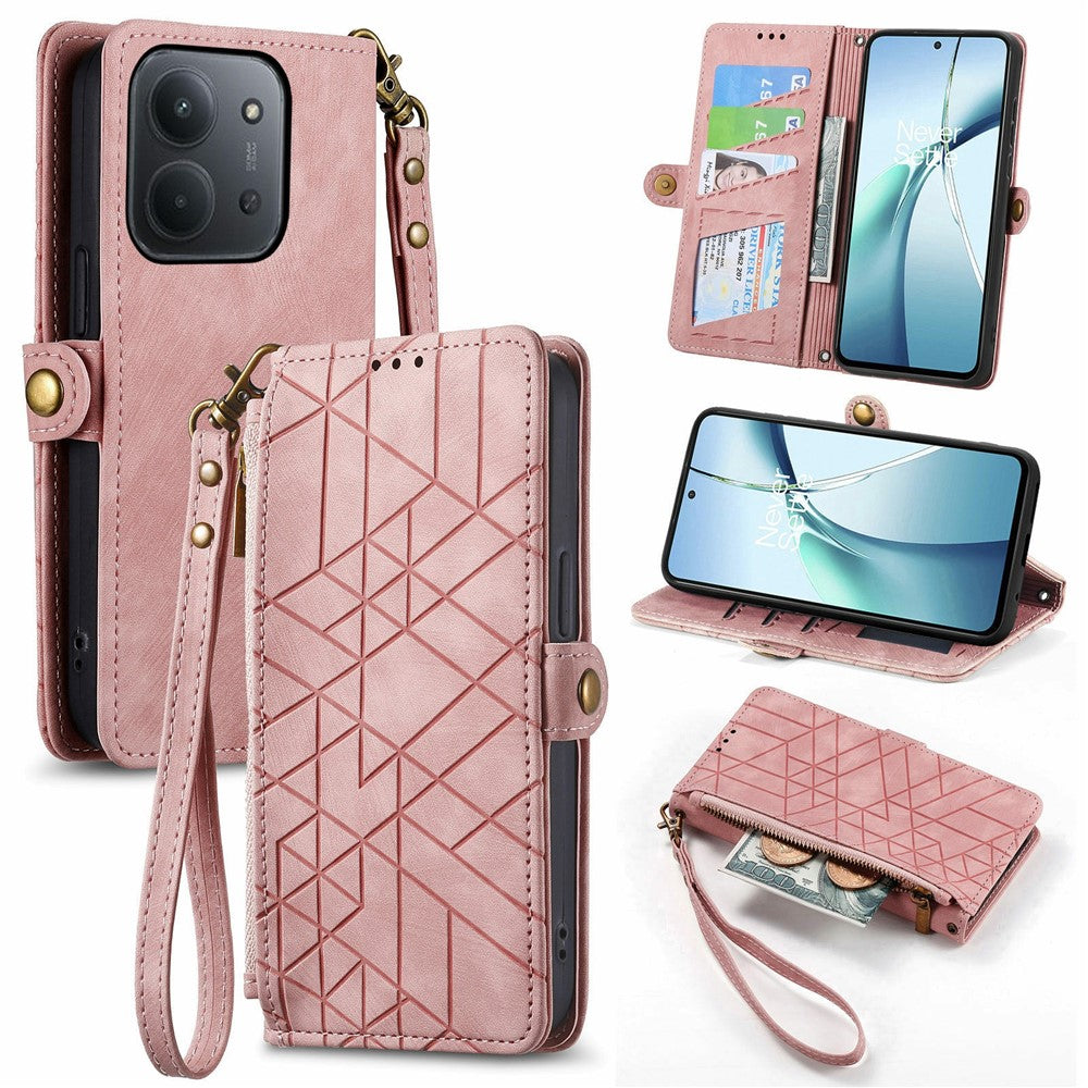 For Xiaomi Redmi 15C 4G (Global) (171mm) /  Poco C85 4G (171mm) Case Zipper Wallet Geometry Lines Leather Phone Cover with Strap