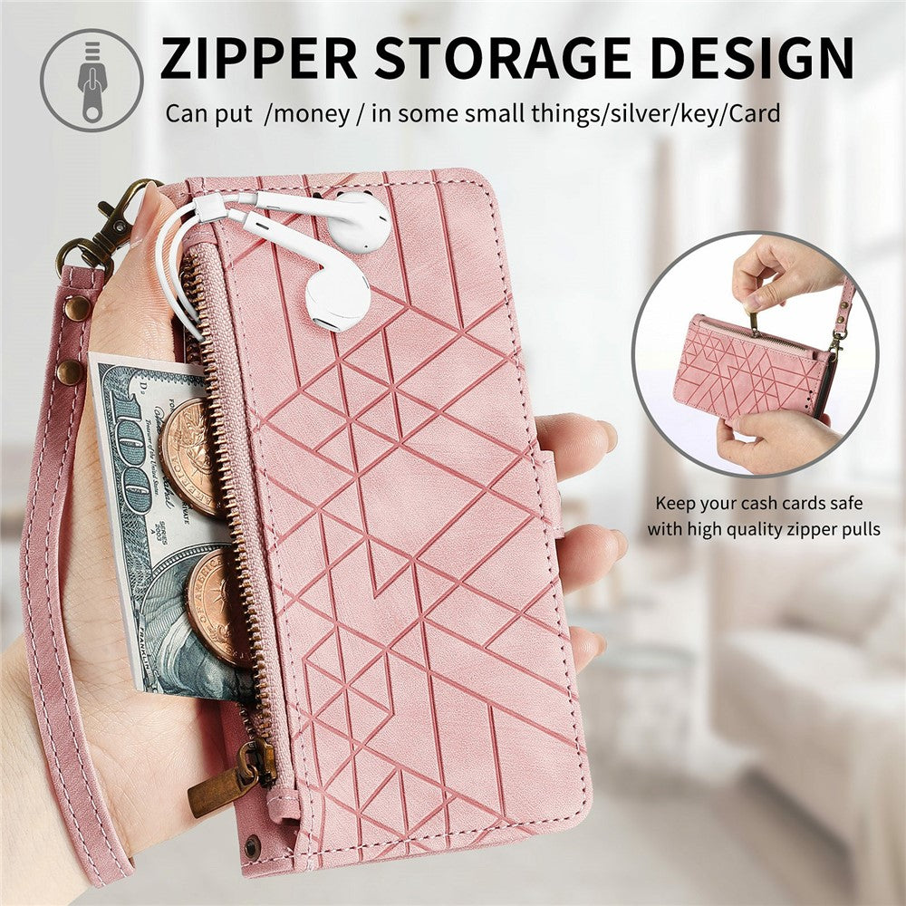 For Xiaomi Redmi 15C 4G (Global) (171mm) /  Poco C85 4G (171mm) Case Zipper Wallet Geometry Lines Leather Phone Cover with Strap
