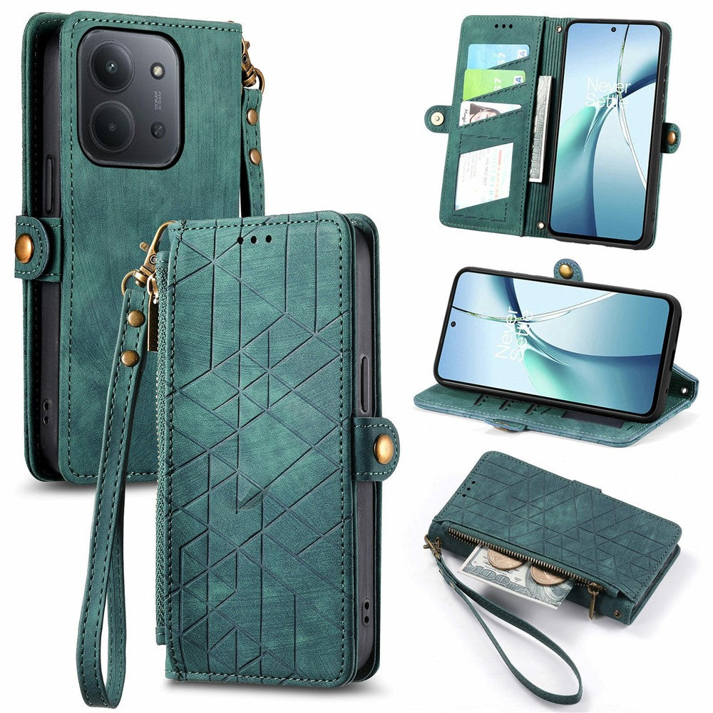 For Xiaomi Redmi 15C 4G (Global) (171mm) /  Poco C85 4G (171mm) Case Zipper Wallet Geometry Lines Leather Phone Cover with Strap