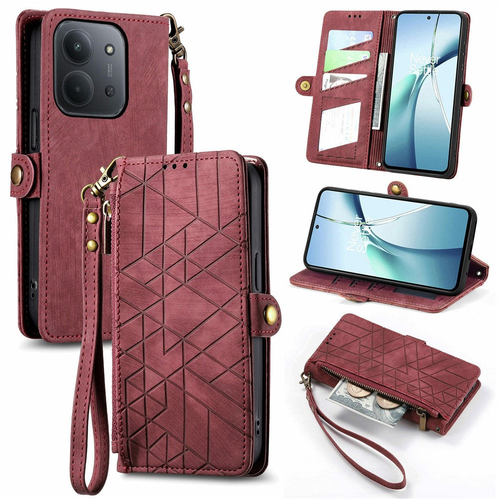 For Xiaomi Redmi 15C 4G (Global) (171mm) /  Poco C85 4G (171mm) Case Zipper Wallet Geometry Lines Leather Phone Cover with Strap