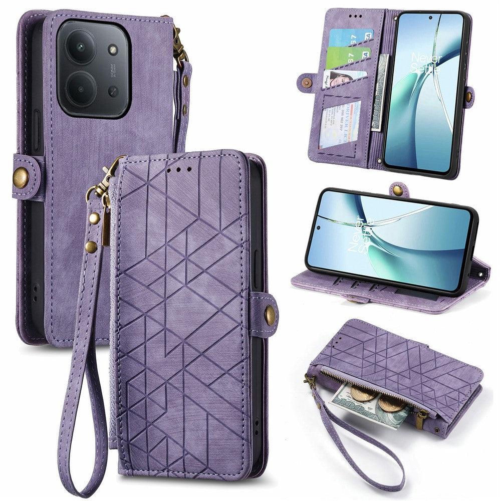 For Xiaomi Redmi 15C 4G (Global) (171mm) /  Poco C85 4G (171mm) Case Zipper Wallet Geometry Lines Leather Phone Cover with Strap