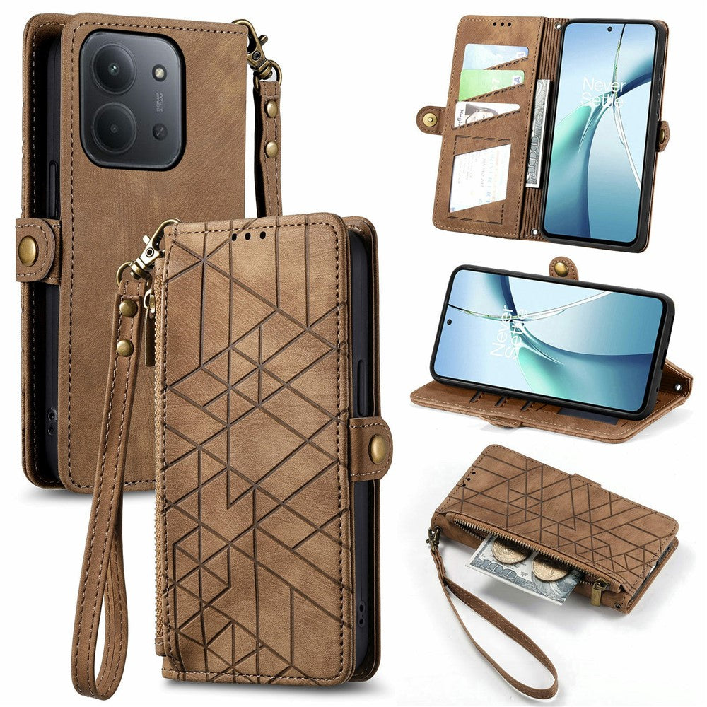For Xiaomi Redmi 15C 4G (Global) (171mm) /  Poco C85 4G (171mm) Case Zipper Wallet Geometry Lines Leather Phone Cover with Strap