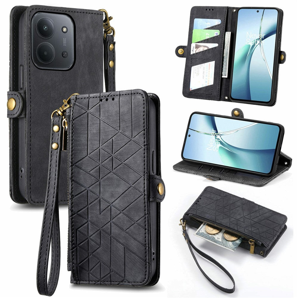 For Xiaomi Redmi 15C 4G (Global) (171mm) /  Poco C85 4G (171mm) Case Zipper Wallet Geometry Lines Leather Phone Cover with Strap