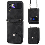 Til Samsung Galaxy Z Flip4 5G Præget blomster Skin-touch PU-læder telefoncover Stativ Kortholder Foldbart displaycover med skulderrem