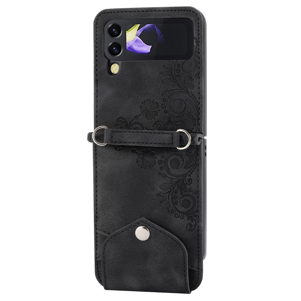 Til Samsung Galaxy Z Flip4 5G Præget blomster Skin-touch PU-læder telefoncover Stativ Kortholder Foldbart displaycover med skulderrem
