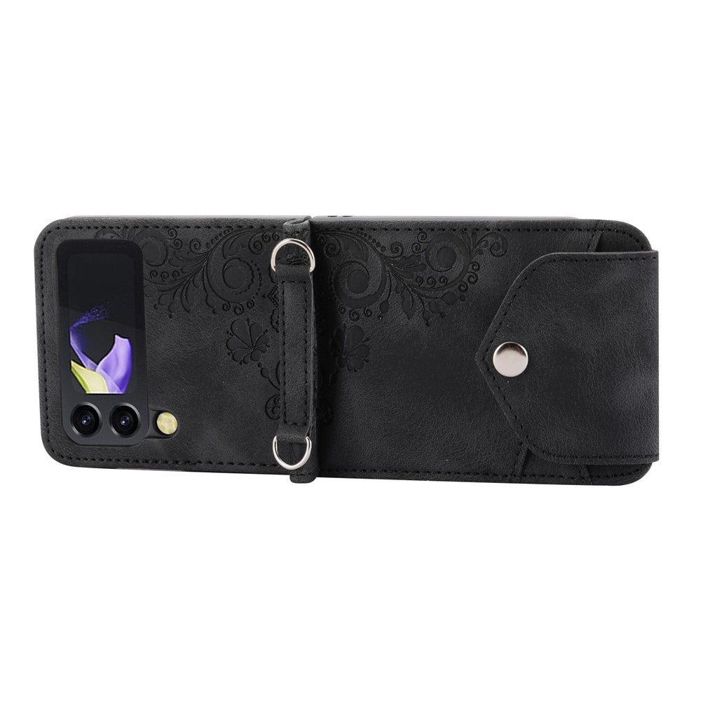 Til Samsung Galaxy Z Flip4 5G Præget blomster Skin-touch PU-læder telefoncover Stativ Kortholder Foldbart displaycover med skulderrem