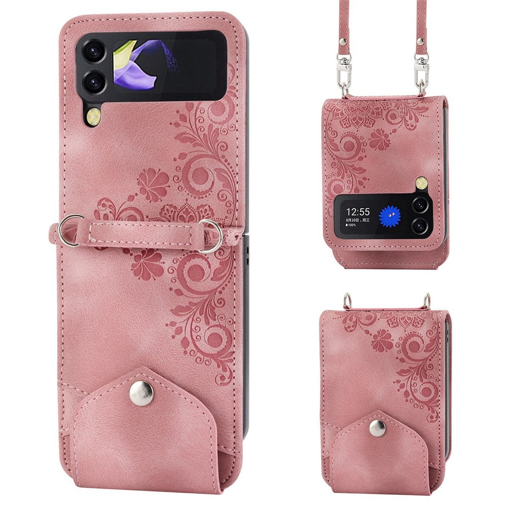 Til Samsung Galaxy Z Flip4 5G Præget blomster Skin-touch PU-læder telefoncover Stativ Kortholder Foldbart displaycover med skulderrem