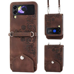 Til Samsung Galaxy Z Flip4 5G Præget blomster Skin-touch PU-læder telefoncover Stativ Kortholder Foldbart displaycover med skulderrem