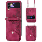 Til Samsung Galaxy Z Flip4 5G Præget blomster Skin-touch PU-læder telefoncover Stativ Kortholder Foldbart displaycover med skulderrem