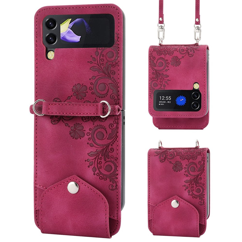Til Samsung Galaxy Z Flip4 5G Præget blomster Skin-touch PU-læder telefoncover Stativ Kortholder Foldbart displaycover med skulderrem