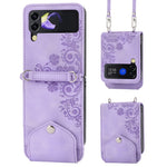 Til Samsung Galaxy Z Flip4 5G Præget blomster Skin-touch PU-læder telefoncover Stativ Kortholder Foldbart displaycover med skulderrem