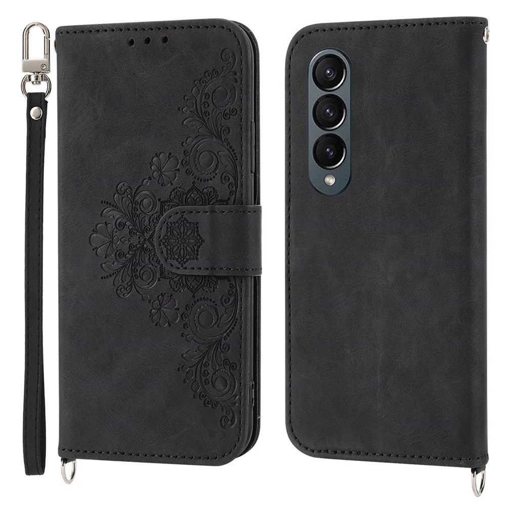 Til Samsung Galaxy Z Fold3 5G præget blomster skin-touch telefoncover PU-læderpung med stativ magnetisk lås og skulderrem