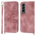 Til Samsung Galaxy Z Fold3 5G præget blomster skin-touch telefoncover PU-læderpung med stativ magnetisk lås og skulderrem