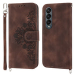 Til Samsung Galaxy Z Fold3 5G præget blomster skin-touch telefoncover PU-læderpung med stativ magnetisk lås og skulderrem