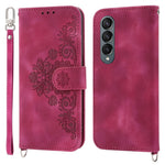 Til Samsung Galaxy Z Fold3 5G præget blomster skin-touch telefoncover PU-læderpung med stativ magnetisk lås og skulderrem