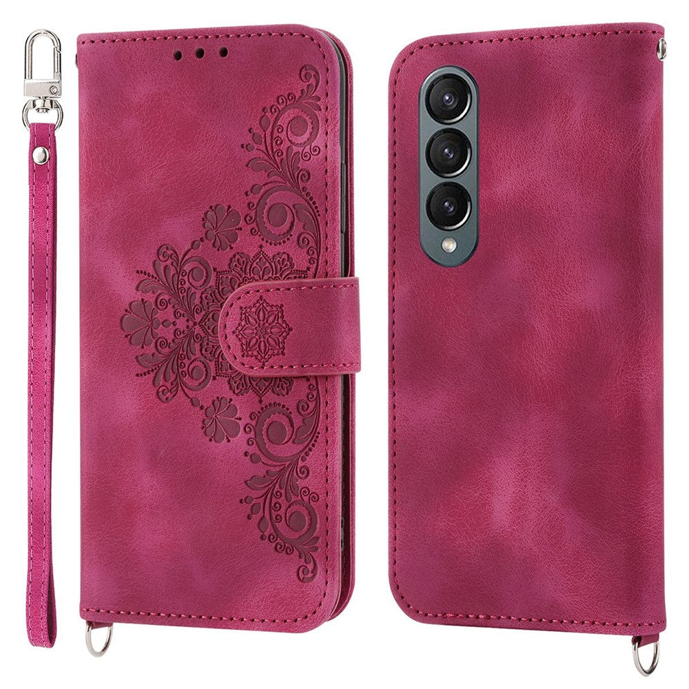 Til Samsung Galaxy Z Fold3 5G præget blomster skin-touch telefoncover PU-læderpung med stativ magnetisk lås og skulderrem