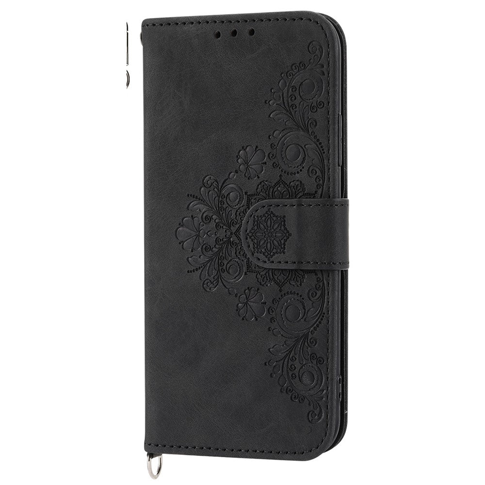 For Samsung Galaxy Z Fold4 5G Imprinted Flowers Skin-touch PU Leather Cover Wallet Stand Folding Phone Case with Shoulder Strap