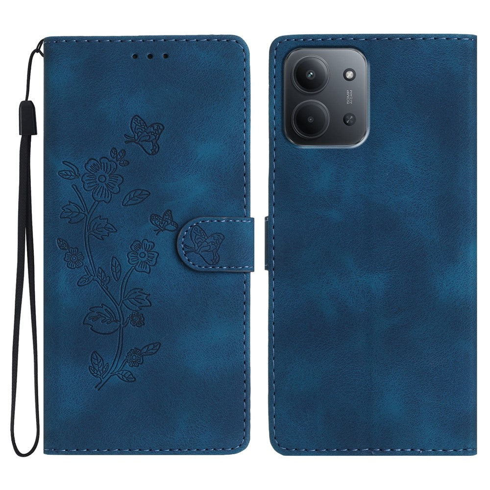 Läderfodral till Xiaomi Redmi 15C 5G (EU) (173 mm) / 4G (EU) (173 mm) / Poco C85 4G (173 mm) Mobilskal med tryck och blommotiv och handledsrem