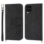Til Samsung Galaxy A22 4G (EU-version) prægede blomster, hudvenligt, flere kortpladser, telefonetui i PU-læder med stander, pungcover med håndledsrem og skulderrem