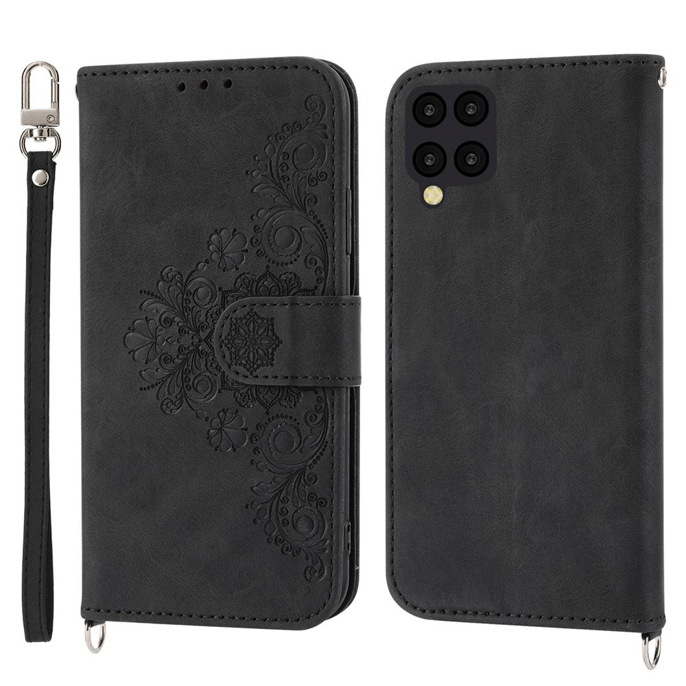 Til Samsung Galaxy A22 4G (EU-version) prægede blomster, hudvenligt, flere kortpladser, telefonetui i PU-læder med stander, pungcover med håndledsrem og skulderrem