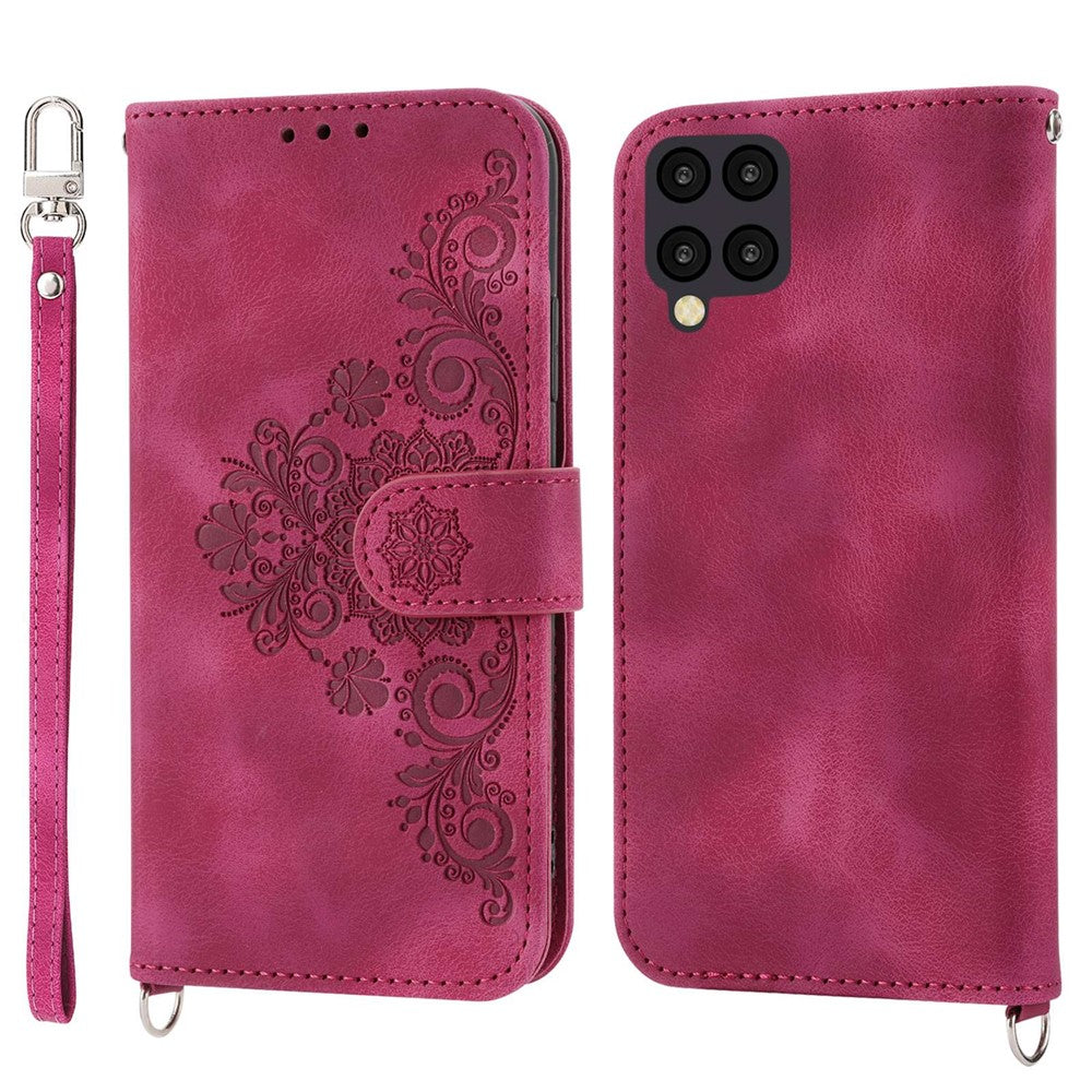 Til Samsung Galaxy A22 4G (EU-version) prægede blomster, hudvenligt, flere kortpladser, telefonetui i PU-læder med stander, pungcover med håndledsrem og skulderrem