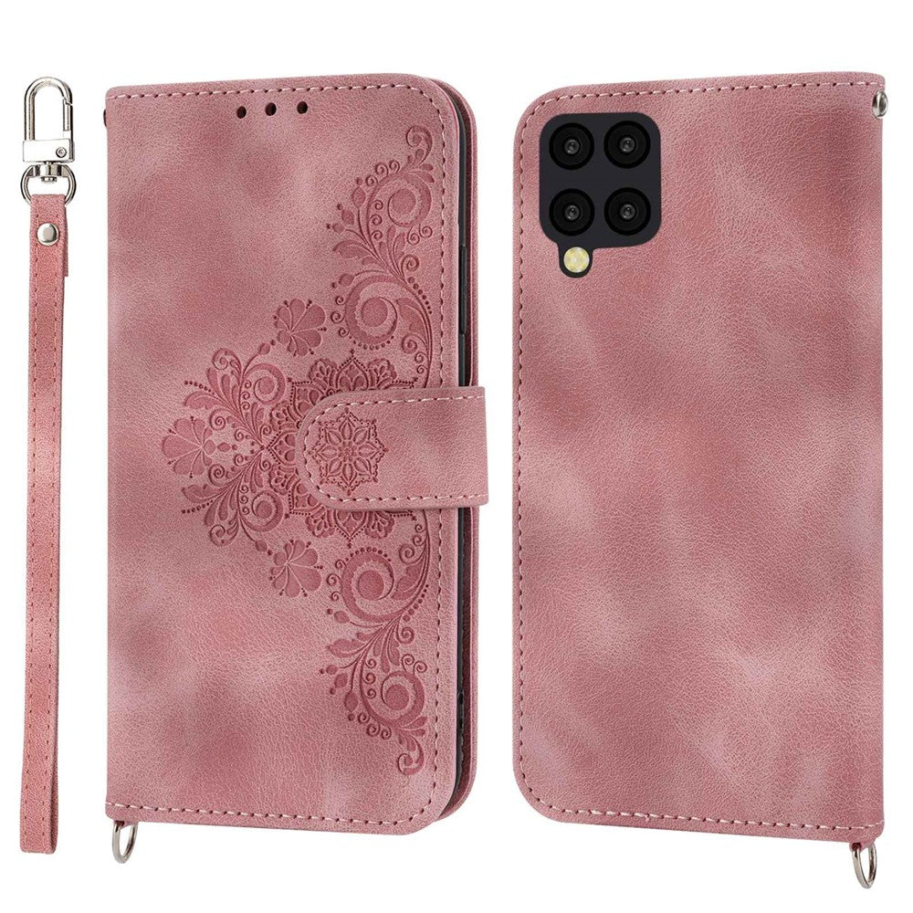 Til Samsung Galaxy A22 4G (EU-version) prægede blomster, hudvenligt, flere kortpladser, telefonetui i PU-læder med stander, pungcover med håndledsrem og skulderrem
