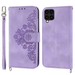 Til Samsung Galaxy A22 4G (EU-version) prægede blomster, hudvenligt, flere kortpladser, telefonetui i PU-læder med stander, pungcover med håndledsrem og skulderrem