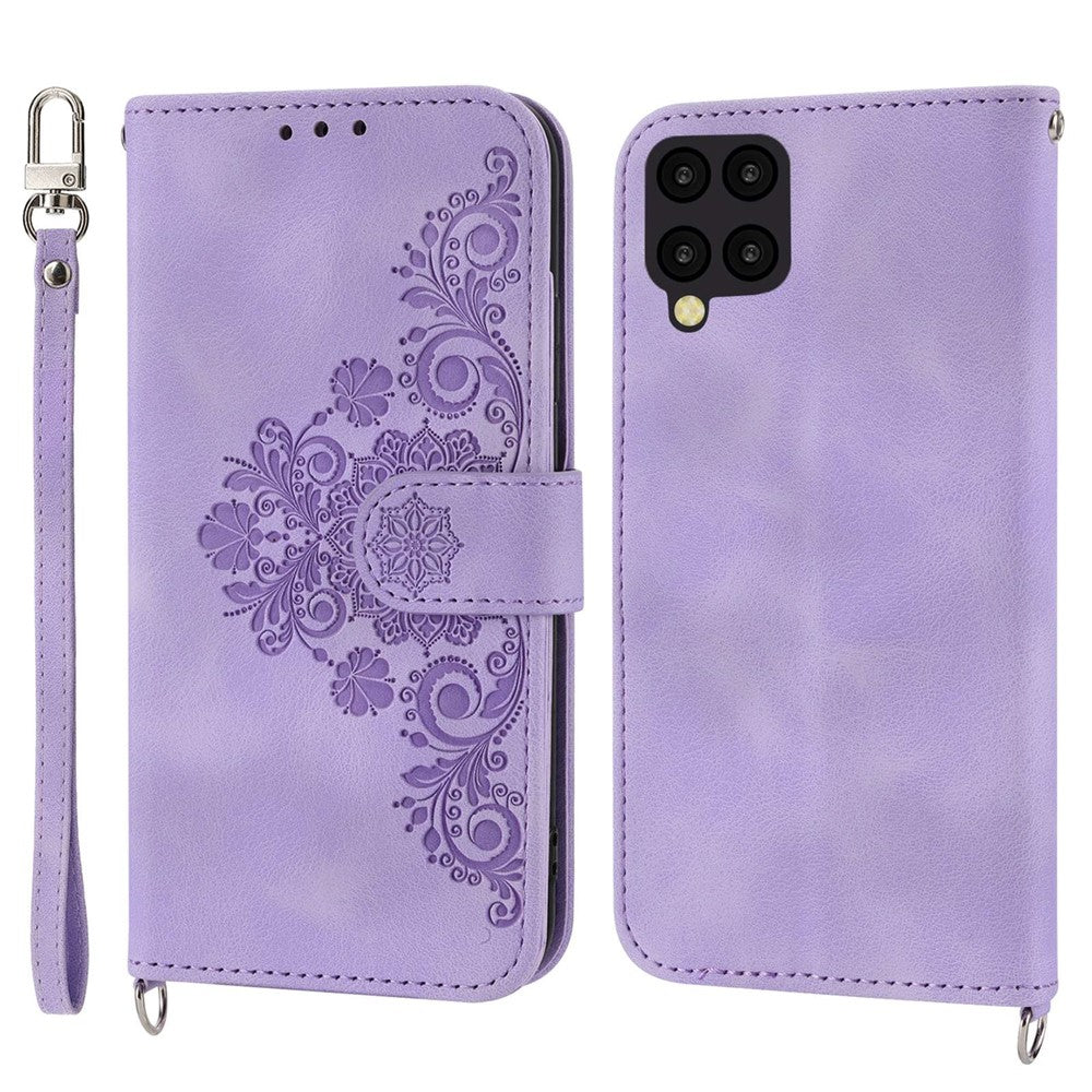Til Samsung Galaxy A22 4G (EU-version) prægede blomster, hudvenligt, flere kortpladser, telefonetui i PU-læder med stander, pungcover med håndledsrem og skulderrem