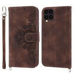 Til Samsung Galaxy A22 4G (EU-version) prægede blomster, hudvenligt, flere kortpladser, telefonetui i PU-læder med stander, pungcover med håndledsrem og skulderrem