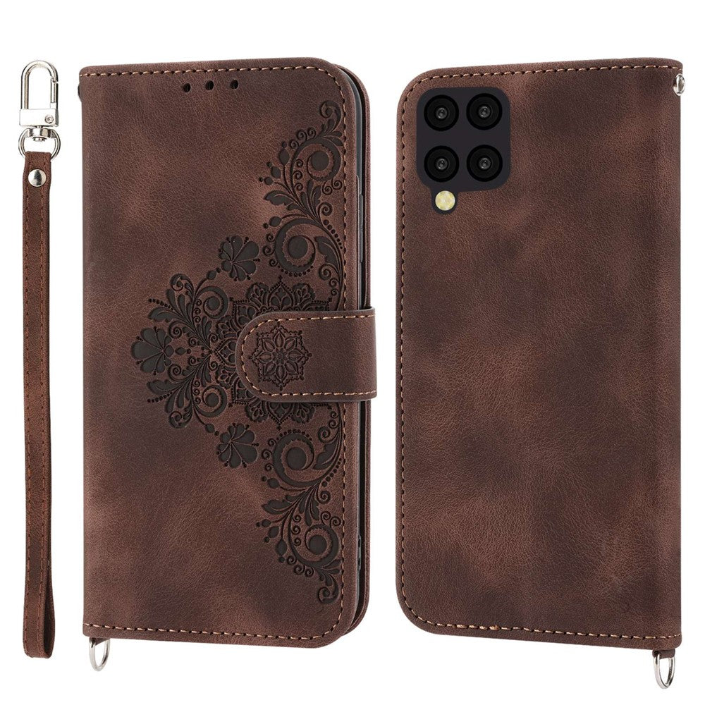 Til Samsung Galaxy A22 4G (EU-version) prægede blomster, hudvenligt, flere kortpladser, telefonetui i PU-læder med stander, pungcover med håndledsrem og skulderrem