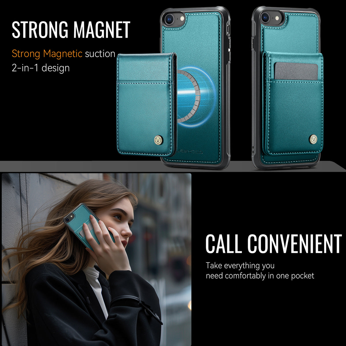 JEEHOOD For iPhone 8 4.7 inch / iPhone SE (2020) / iPhone SE (2022) / iPhone 7 4.7 inch Leather Back Cover Compatible with MagSafe  J06 Phone Case with Card Bag RFID Blocking