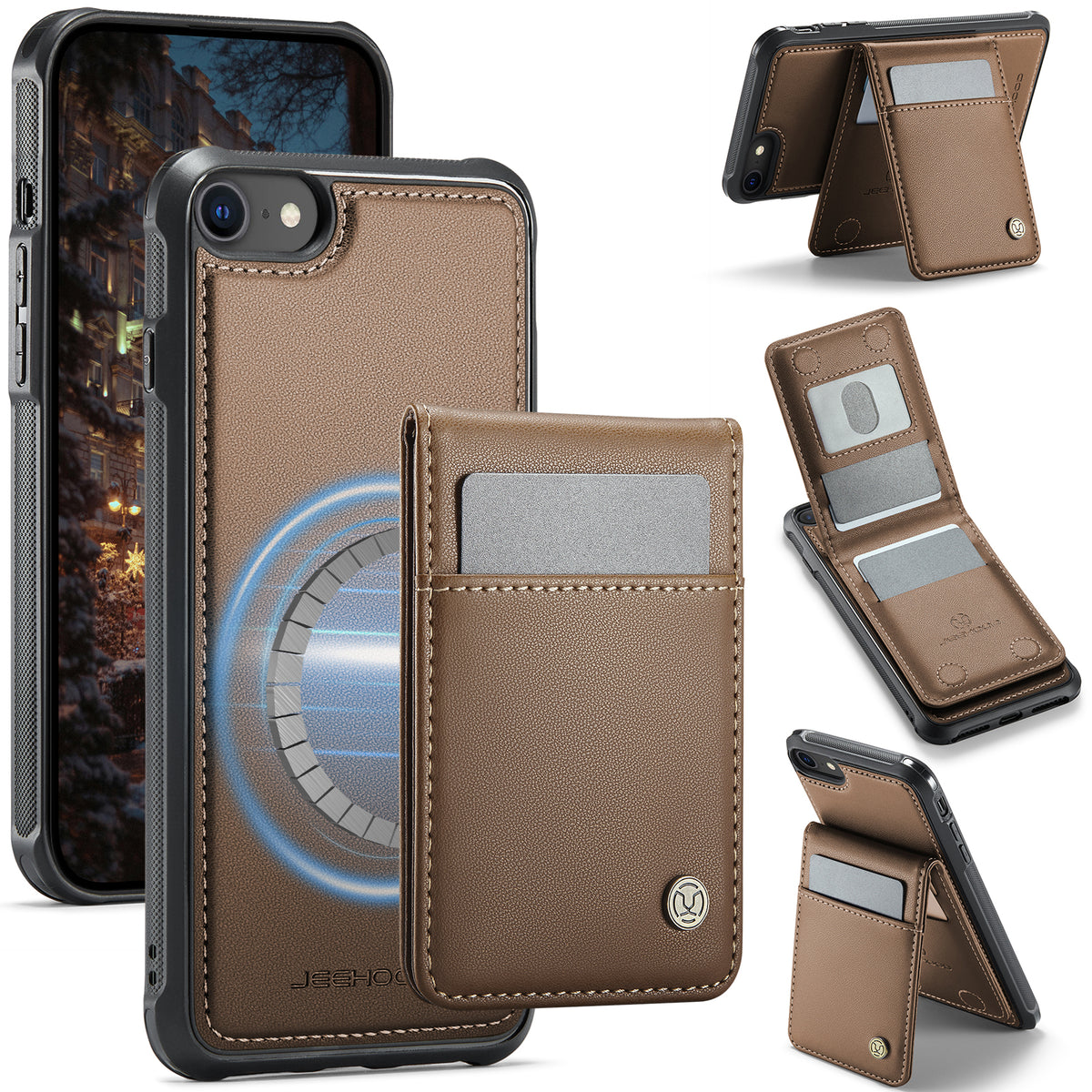JEEHOOD For iPhone 8 4.7 inch / iPhone SE (2020) / iPhone SE (2022) / iPhone 7 4.7 inch Leather Back Cover Compatible with MagSafe  J06 Phone Case with Card Bag RFID Blocking