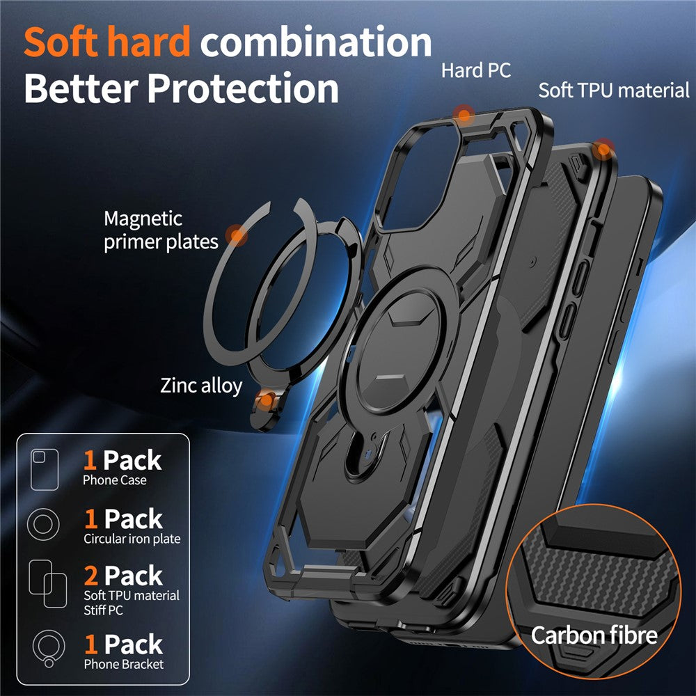 For iPhone 15 Magnetic Case Ring Kickstand PC + TPU Hybrid Phone Cover