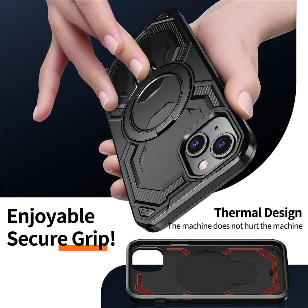 For iPhone 15 Magnetic Case Ring Kickstand PC + TPU Hybrid Phone Cover