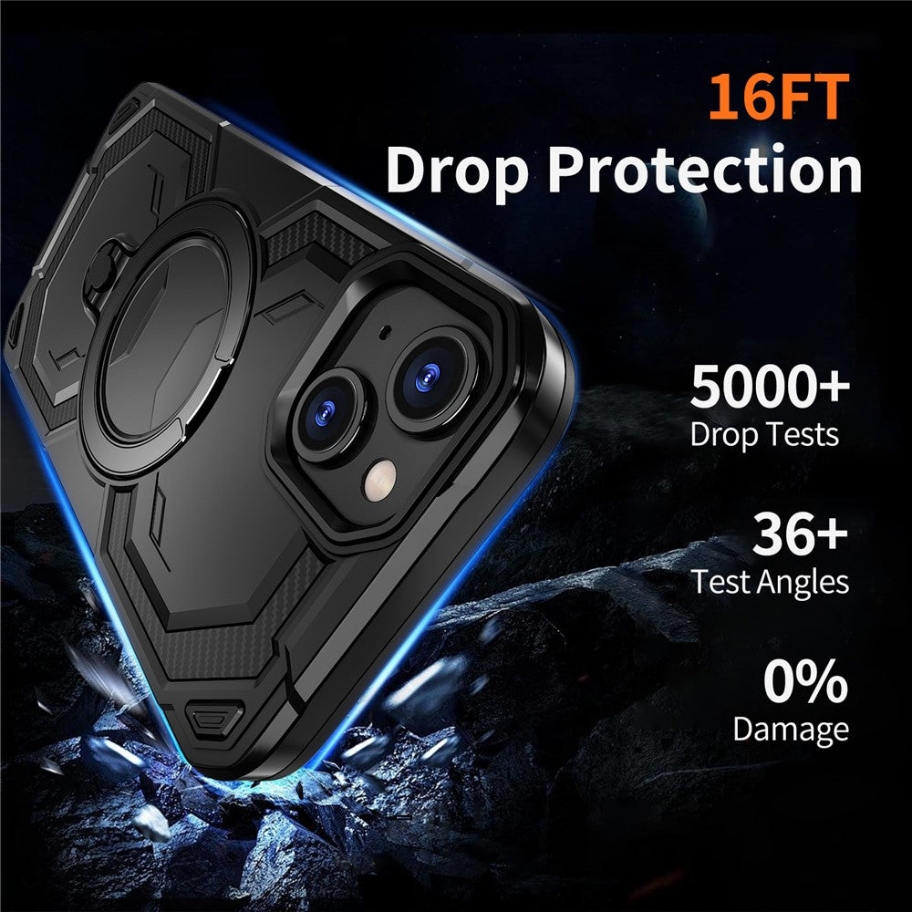 For iPhone 15 Magnetic Case Ring Kickstand PC + TPU Hybrid Phone Cover