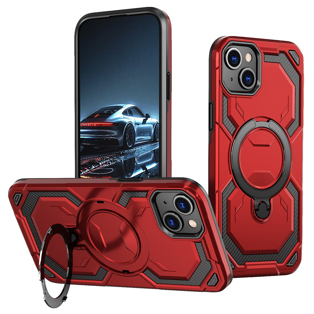 For iPhone 15 Magnetic Case Ring Kickstand PC + TPU Hybrid Phone Cover