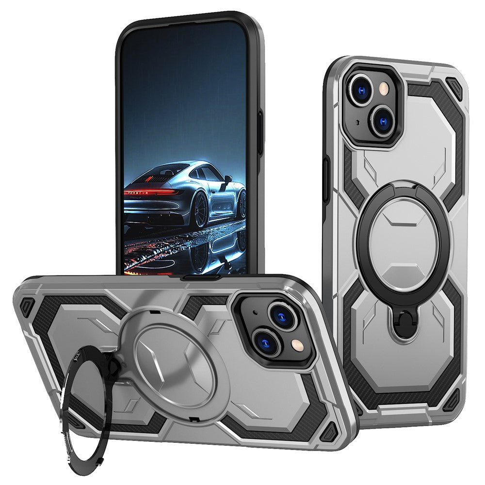 For iPhone 15 Magnetic Case Ring Kickstand PC + TPU Hybrid Phone Cover