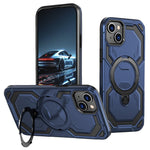 For iPhone 15 Magnetic Case Ring Kickstand PC + TPU Hybrid Phone Cover