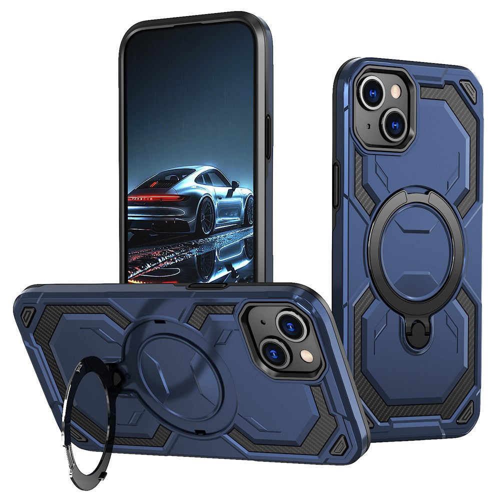 For iPhone 15 Magnetic Case Ring Kickstand PC + TPU Hybrid Phone Cover