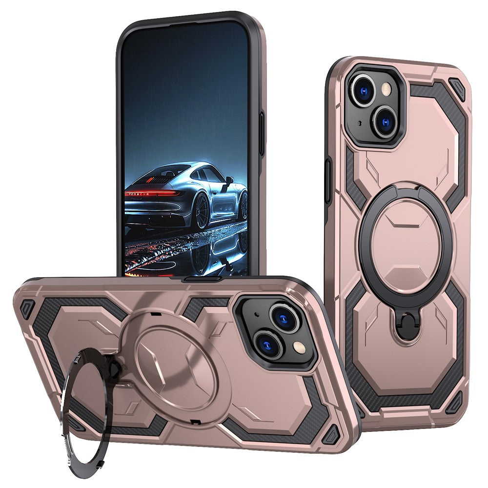 For iPhone 15 Magnetic Case Ring Kickstand PC + TPU Hybrid Phone Cover