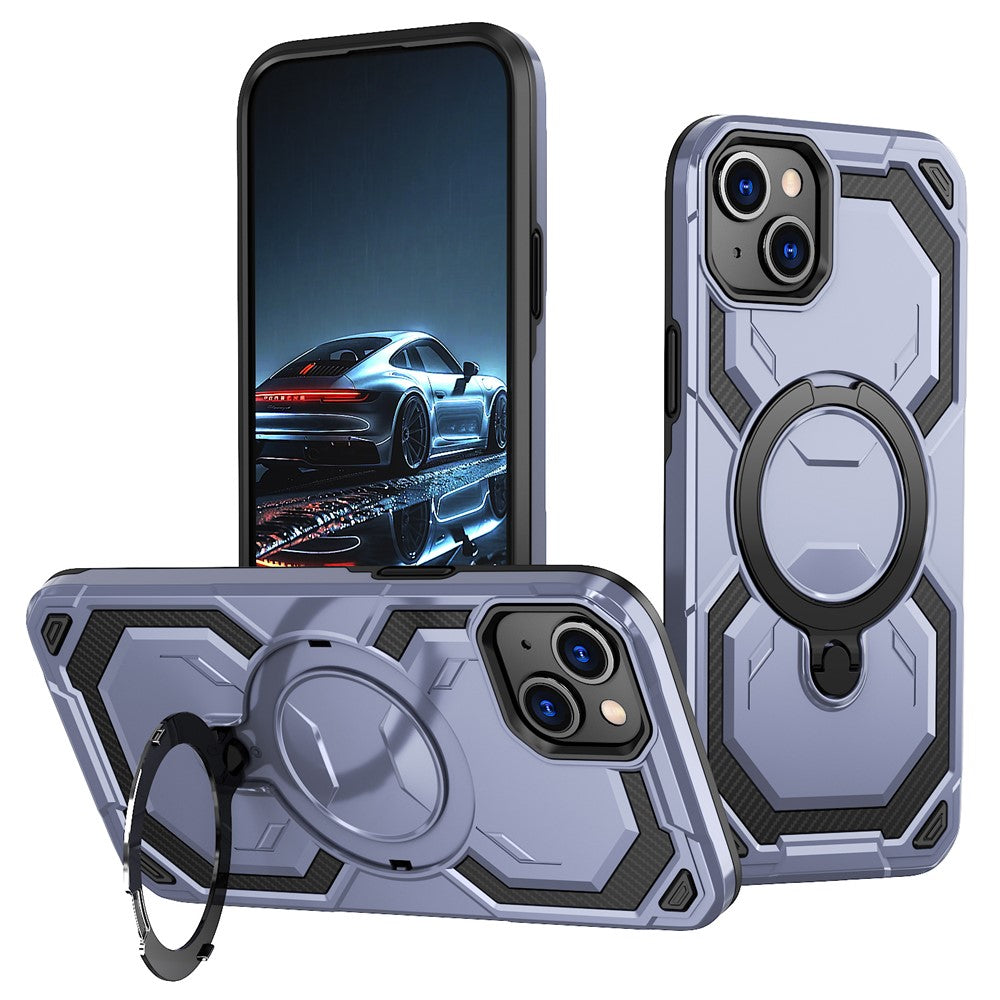 For iPhone 15 Magnetic Case Ring Kickstand PC + TPU Hybrid Phone Cover