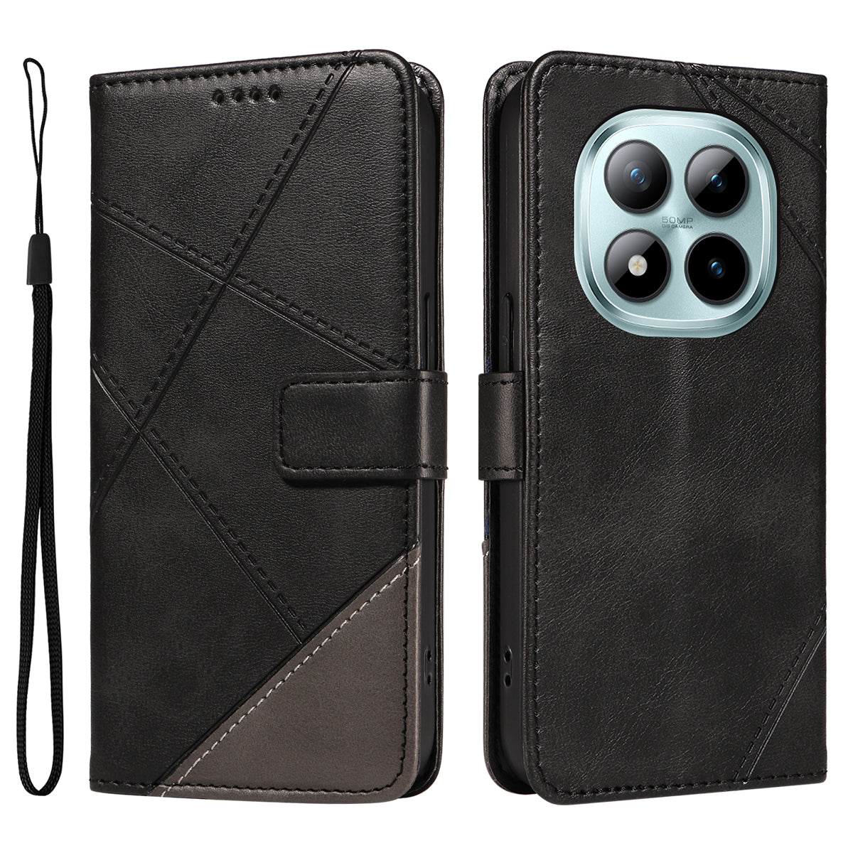 For Xiaomi Poco M8 Pro 5G / Redmi Note 15 Pro+ 5G (Global) Leather Case Geometric Line Design Wallet Phone Cover with Wrist Strap