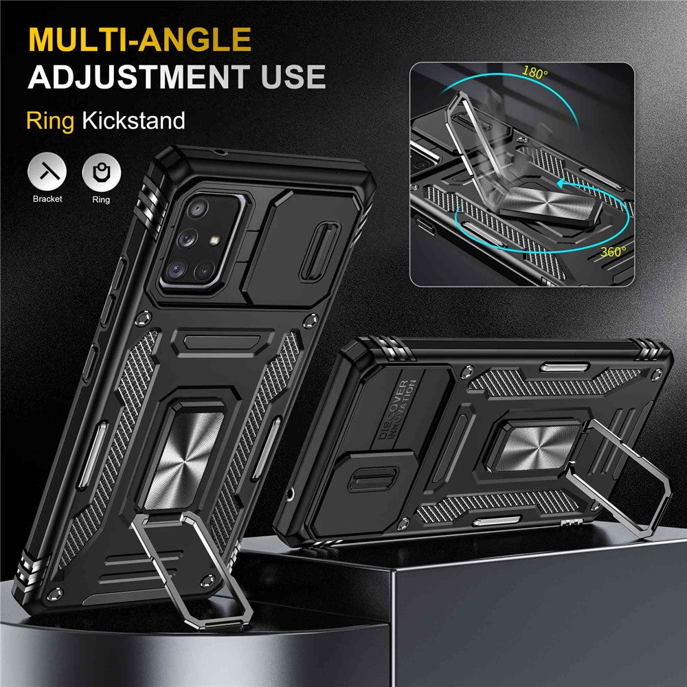 Armor-serie til Samsung Galaxy A71 5G SM-A716 Stativtelefoncover PC + TPU Stødresistent Beskyttende Telefonbeskytter med Skydbart Kameracover