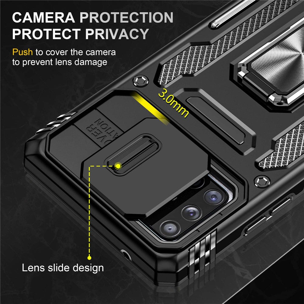 Armor-serie til Samsung Galaxy A71 5G SM-A716 Stativtelefoncover PC + TPU Stødresistent Beskyttende Telefonbeskytter med Skydbart Kameracover