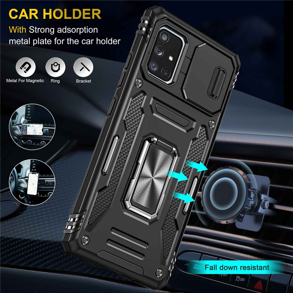 Armor-serie til Samsung Galaxy A71 5G SM-A716 Stativtelefoncover PC + TPU Stødresistent Beskyttende Telefonbeskytter med Skydbart Kameracover