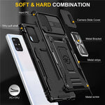 Armor-serie til Samsung Galaxy A71 5G SM-A716 Stativtelefoncover PC + TPU Stødresistent Beskyttende Telefonbeskytter med Skydbart Kameracover