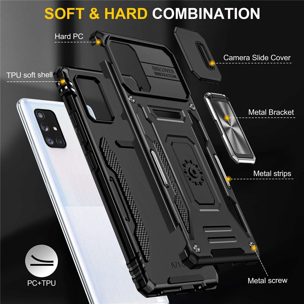 Armor-serie til Samsung Galaxy A71 5G SM-A716 Stativtelefoncover PC + TPU Stødresistent Beskyttende Telefonbeskytter med Skydbart Kameracover