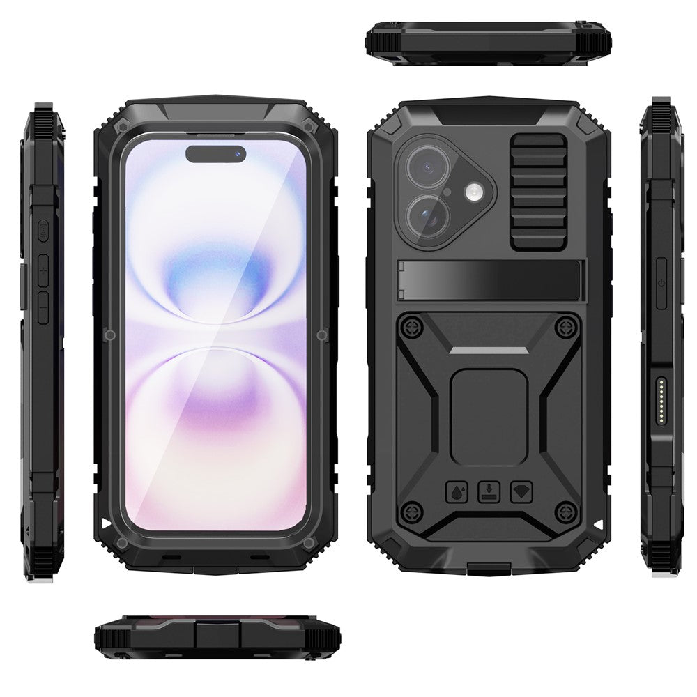R-JUST til iPhone 17 Cover PC + Silikone + Metal Støttefod Telefoncover med Hærdet Glasfilm