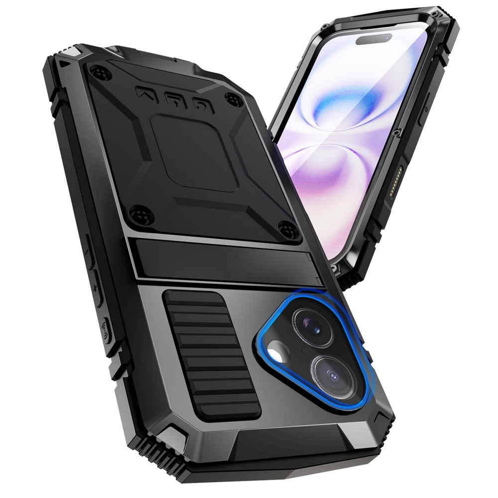 R-JUST til iPhone 17 Cover PC + Silikone + Metal Støttefod Telefoncover med Hærdet Glasfilm